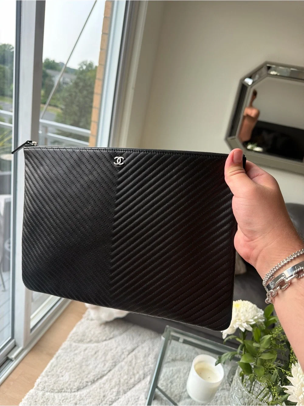 CHANEL Black Chevron Quilted Leather O Case Large with Silver CC
